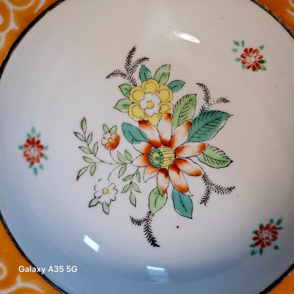 Vintage Mid-Century Square Floral Enamel Bowl With Handles Made In Japan - Orang - Picture 2 of 4